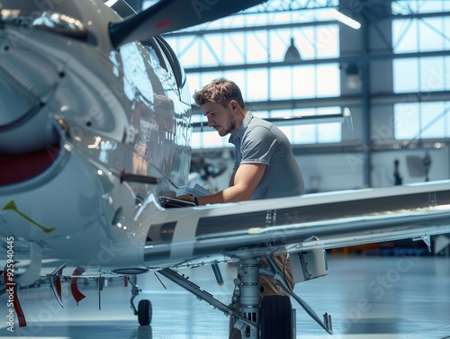 Aircraft mechanic working on small plane in hangar. Aviation maintenance, repairs, and inspection. Precision and technical expertise at work.