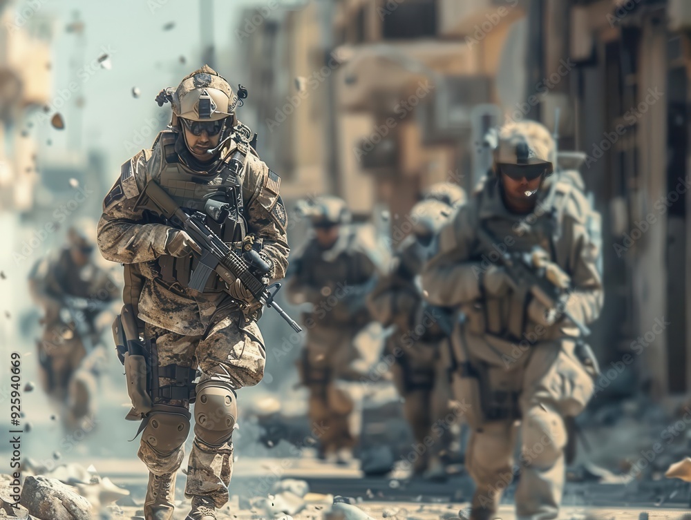 Fototapeta premium A group of soldiers in full combat gear, navigating through a war-torn urban environment during a military operation, ready for action.