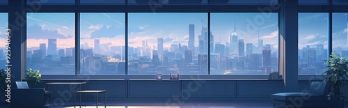 Urban Loft Living: An Empty Attic-Style Room with Large Windows Overlooking Cityscape, Concrete and Glass Background, Concept of Urban Life in Anime Style, storybook illustrations, comic strips, book photo