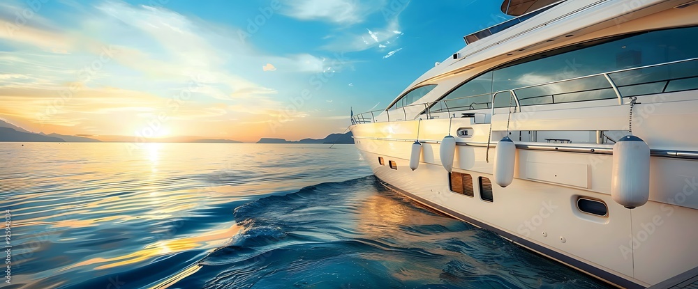 Fototapeta premium A white yacht in the calm ocean at sunset.