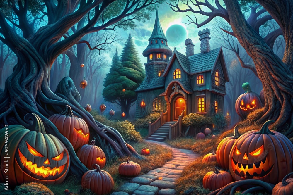 Halloween background with pumpkins and haunted house Halloween background with pumpkins and haunted house