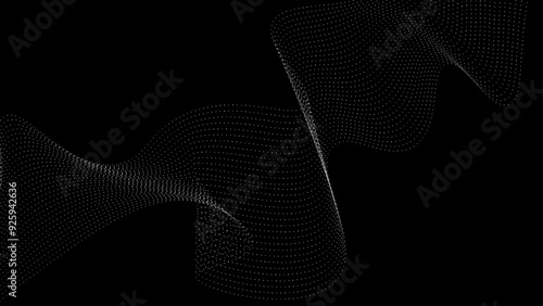 Flowing dots particles wave pattern 3D curve halftone gradient curve shape isolated on black background. Vector in the concept of technology, science, music, modern, cover, poster, flyer, card, web.