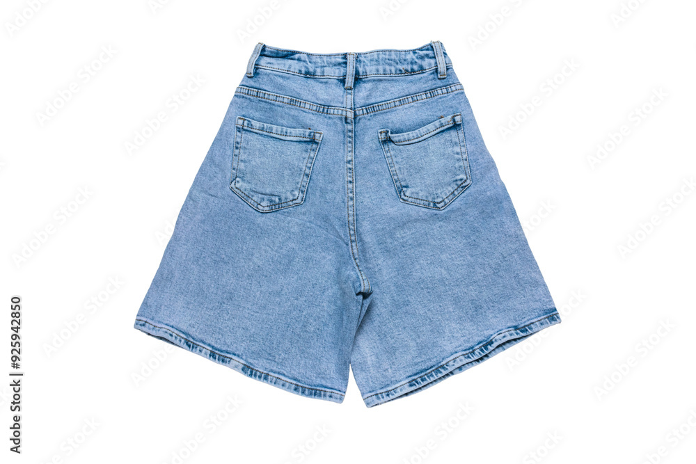Back View of High-Waisted Blue Denim Shorts Isolated on White Background Back View of High-Waisted Blue Denim Shorts Isolated on White Background