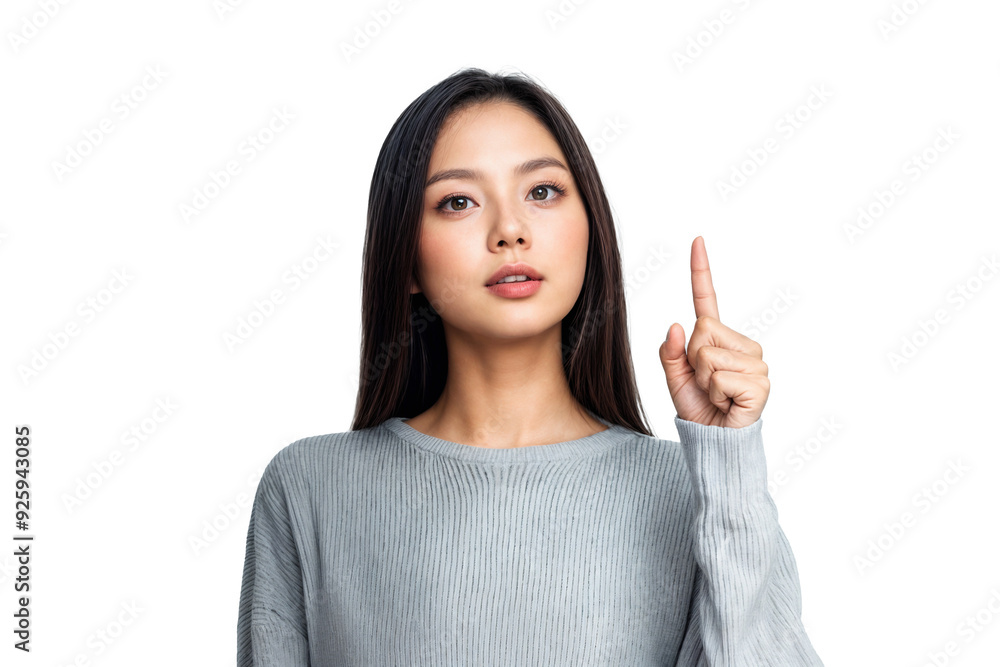 Confident Young Woman Pointing Up on a White Background, Generated AI Confident Young Woman Pointing Up on a White Background, Generated AI