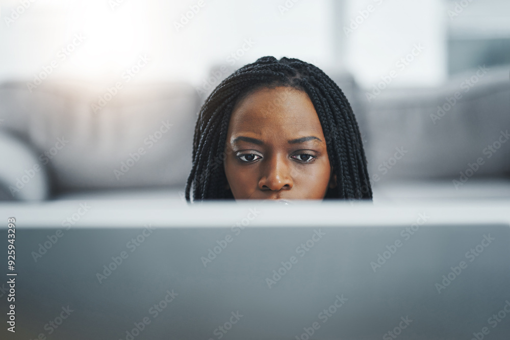 Business, black woman and online with computer in office for reading email, spreadsheets and company reports. Female administrative assistant, serious and internet in workplace for communication. Business, black woman and online with computer in office for reading email, spreadsheets and company reports. Female administrative assistant, serious and internet in workplace for communication.