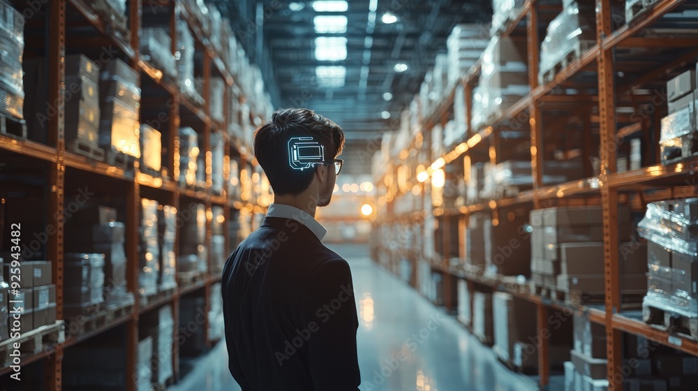 Man with a glowing circuit board in his head standing in a warehouse aisle Man with a glowing circuit board in his head standing in a warehouse aisle
