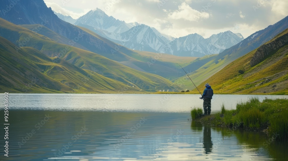 a fisherman holds a fishing rod and fishing line on the lake. a fisherman holds a fishing rod and fishing line on the lake.