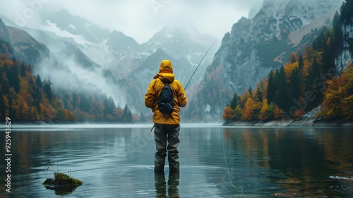 a fisherman holds a fishing rod and fishing line on the lake.