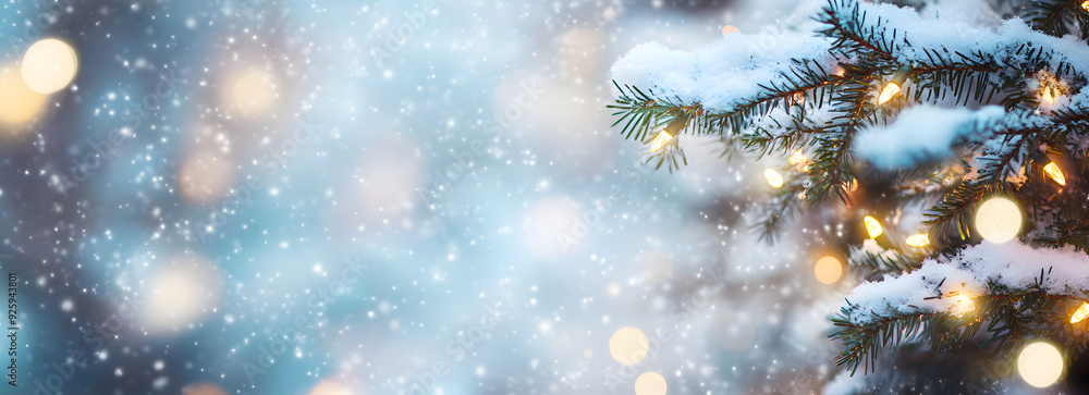 Christmas winter blurred background. Xmas tree with snow decorated with garland lights, holiday festive background. Widescreen backdrop. New year Winter art design, wide screen holiday border Christmas winter blurred background. Xmas tree with snow decorated with garland lights, holiday festive background. Widescreen backdrop. New year Winter art design, wide screen holiday border