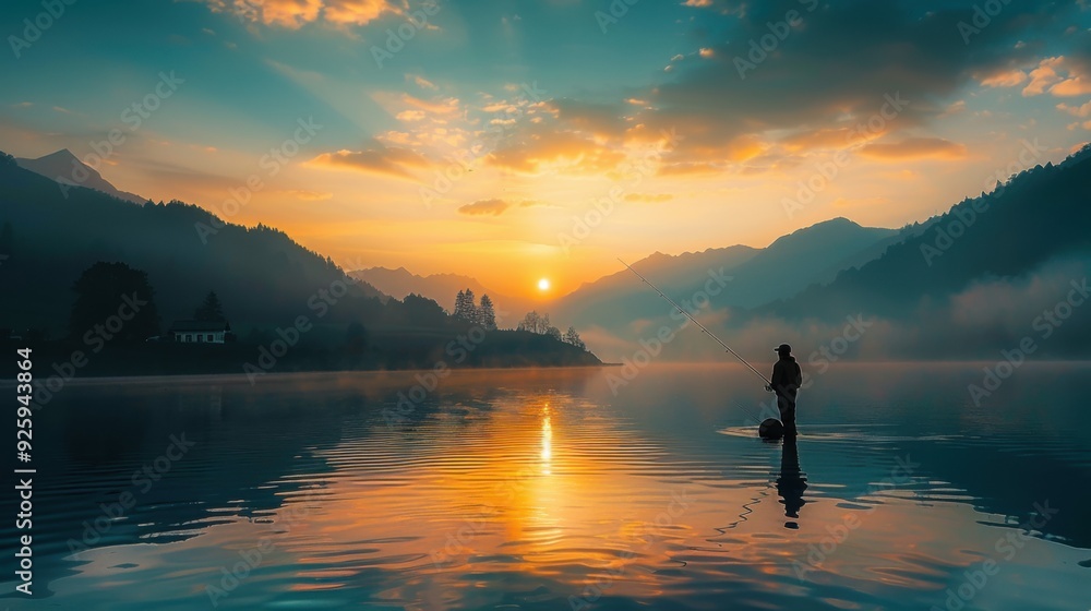 a fisherman holds a fishing rod and fishing line on the lake. a fisherman holds a fishing rod and fishing line on the lake.