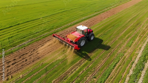 Aerial View of Tractor with Manure Spreader in Field photo