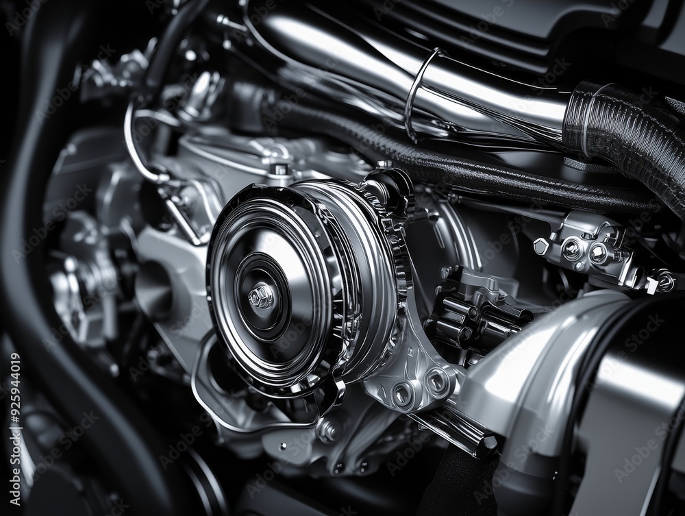 Highly detailed modern car engine in silver and black colors side view photorealistic photo Highly detailed modern car engine in silver and black colors side view photorealistic photo