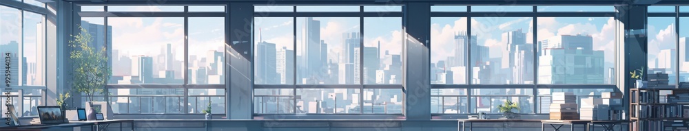 Urban Loft Living: An Empty Attic-Style Room with Large Windows Overlooking Cityscape, Concrete and Glass Background, Concept of Urban Life in Anime Style, storybook illustrations, comic strips, book Urban Loft Living: An Empty Attic-Style Room with Large Windows Overlooking Cityscape, Concrete and Glass Background, Concept of Urban Life in Anime Style, storybook illustrations, comic strips, book