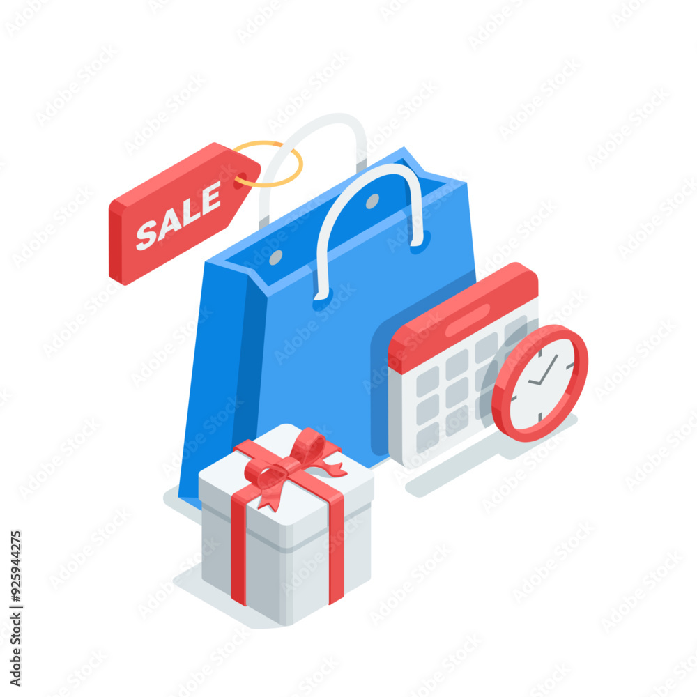 isometric vector shopping bag and clock with calendar and gift, in color on a white background, shopping or sale time isometric vector shopping bag and clock with calendar and gift, in color on a white background, shopping or sale time