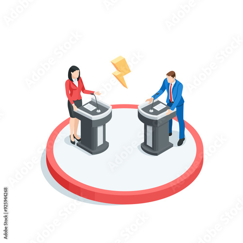 isometric vector business man and woman at the podium discussing among themselves, in color on a white background, political debate or election battle