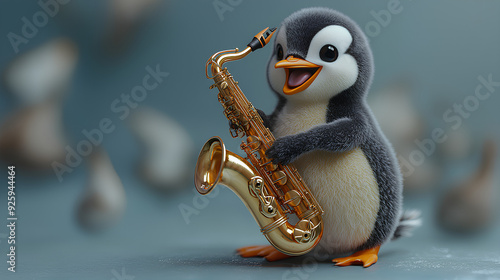 Funny penguin enthusiastically playing a saxophone instrument, 3D cartoon character