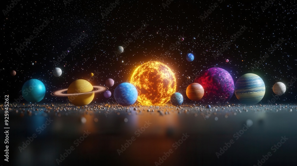 Solar system with planets in alignment, vibrant colors and space dust, 3D illustration Solar system with planets in alignment, vibrant colors and space dust, 3D illustration