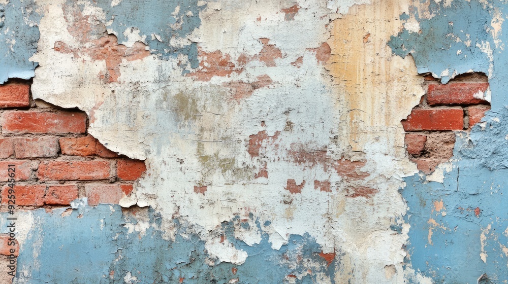 Obraz premium A vintage brick wall with sections of flaking paint and exposed bricks, creating a distressed and aged appearance