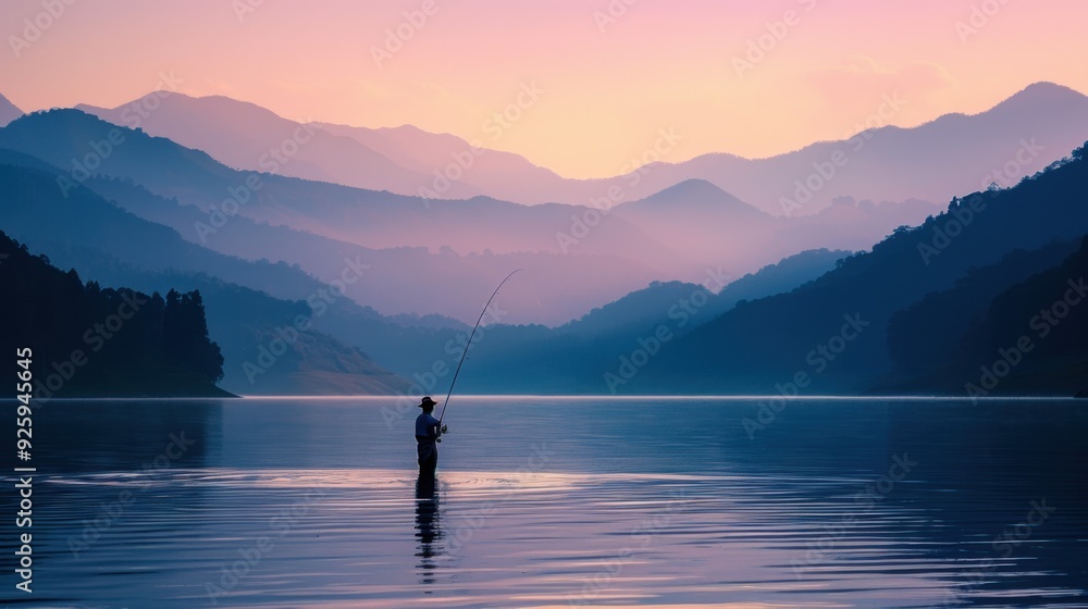 a fisherman holds a fishing rod and fishing line on the lake. a fisherman holds a fishing rod and fishing line on the lake.
