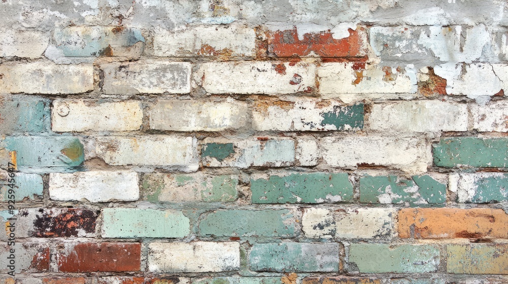 A weathered brick wall with a mix of discolored bricks, showing the effects of age and exposure to the elements