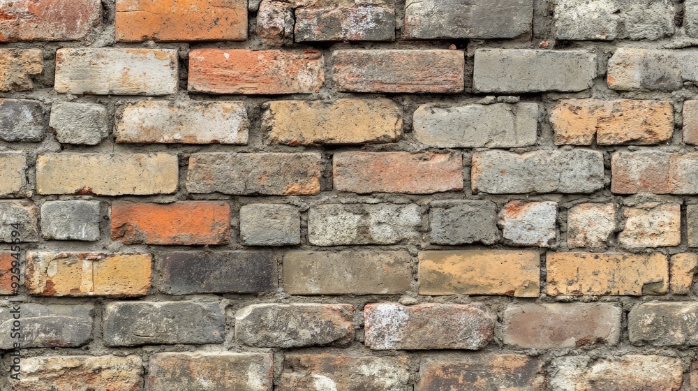 A weathered brick wall with a mix of discolored bricks, showing the effects of age and exposure to the elements A weathered brick wall with a mix of discolored bricks, showing the effects of age and exposure to the elements