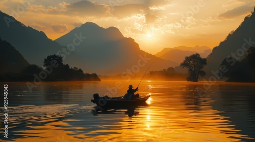 silhouette of a fisherman in a boat with a fishing rod on a quiet lake.