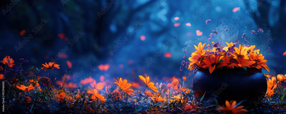 Magical forest at night with a glowing pot of vibrant orange flowers and floating petals creating an enchanting atmosphere. Magical forest at night with a glowing pot of vibrant orange flowers and floating petals creating an enchanting atmosphere.