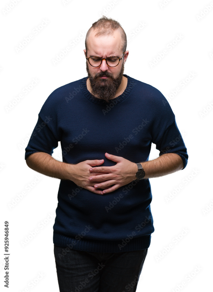 Young caucasian hipster man wearing sunglasses over isolated background with hand on stomach because indigestion, painful illness feeling unwell. Ache concept. Young caucasian hipster man wearing sunglasses over isolated background with hand on stomach because indigestion, painful illness feeling unwell. Ache concept.