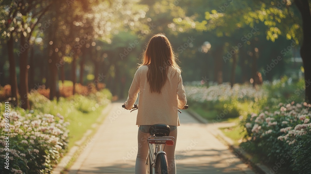 Naklejka premium Woman Cycling in Sunlit Park Surrounded by Greenery and Blooming Flowers