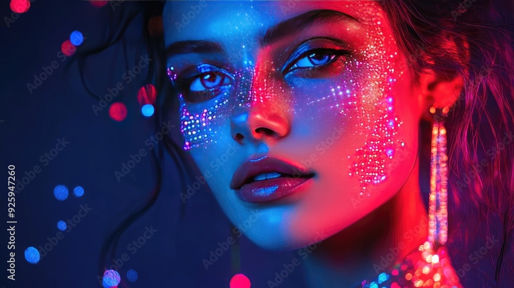 Futuristic Cyberpunk Woman with Neon Face Paint and Glitter in Vibrant Colors Futuristic Cyberpunk Woman with Neon Face Paint and Glitter in Vibrant Colors