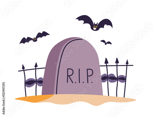 Gravestone with Bats Halloween Scene