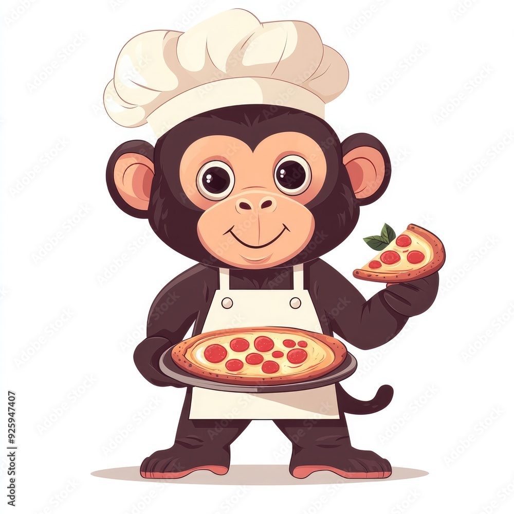 Cute Cartoon Monkey Chef Holding a Pizza Slice in Apron and Hat - Fun Animal Culinary Illustration Cute Cartoon Monkey Chef Holding a Pizza Slice in Apron and Hat - Fun Animal Culinary Illustration