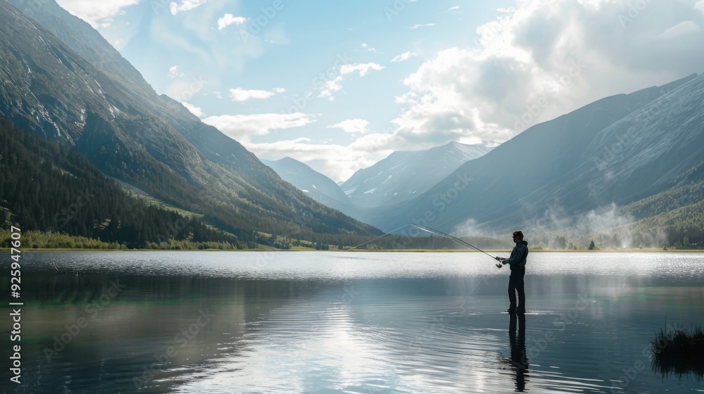 a fisherman holds a fishing rod and fishing line on the lake. a fisherman holds a fishing rod and fishing line on the lake.