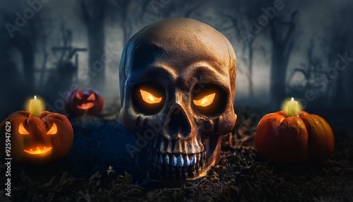 "Haunted Graveyard: Eerie Skull Under Moonlight with Glowing Eyes and Gothic Atmosphere"skull, death, halloween, skeleton, human, head, horror, dead, 