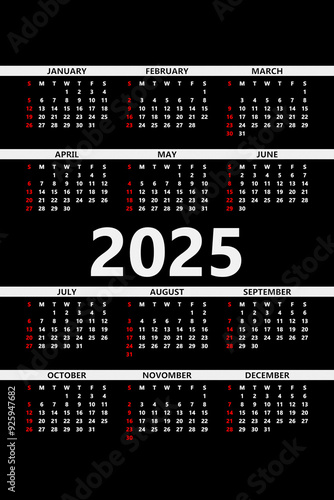 Multicolored monthly calendar template in minimalist style for 2025. Vertical printable calendar. Set for 12 months. Page with previous, current and future month.
