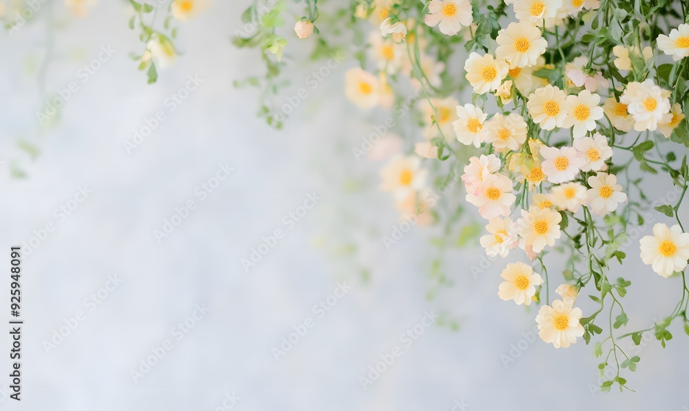 The yellow and pink small flowers hang from the white wall, Generative AI The yellow and pink small flowers hang from the white wall, Generative AI