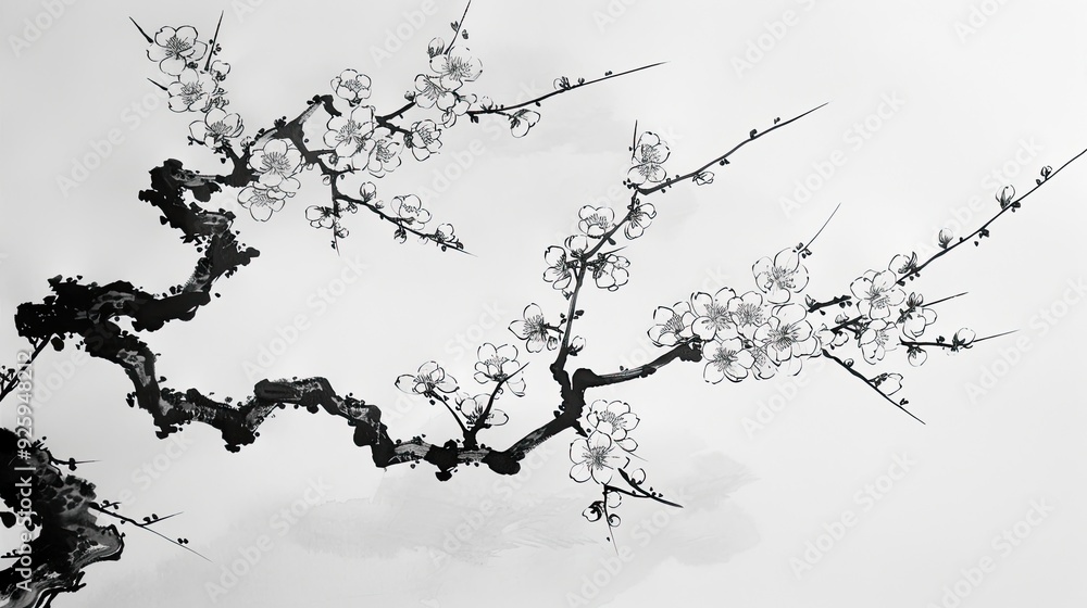 Naklejka premium Sumi-e ink painting capturing the serene beauty of a traditional Japanese