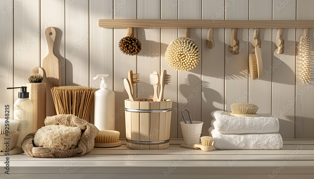 Obraz premium various sauna accessories in a wooden sauna