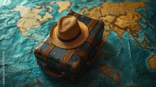 Vintage Suitcase with Straw Hat on World Map, Travel Adventure Ready photo