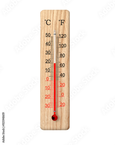 Wooden celsius and fahrenheit scale thermometer isolated on transparent background. Ambient temperature plus 20 degrees