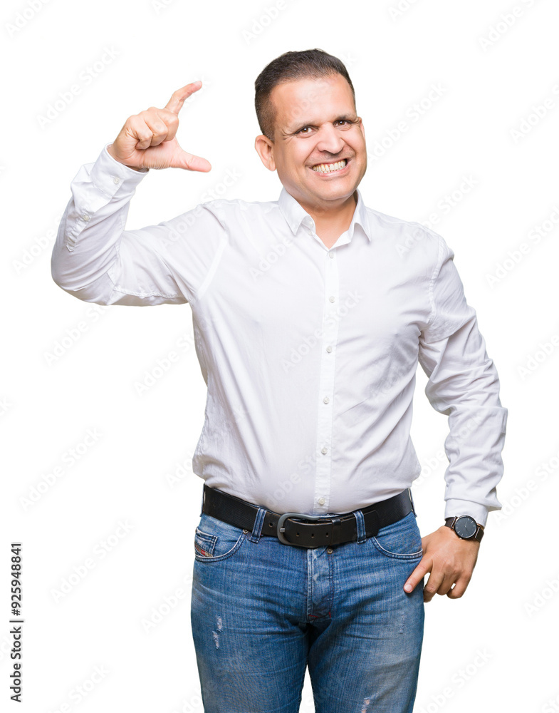 Middle age arab elegant man over isolated background smiling and confident gesturing with hand doing size sign with fingers while looking and the camera. Measure concept. Middle age arab elegant man over isolated background smiling and confident gesturing with hand doing size sign with fingers while looking and the camera. Measure concept.