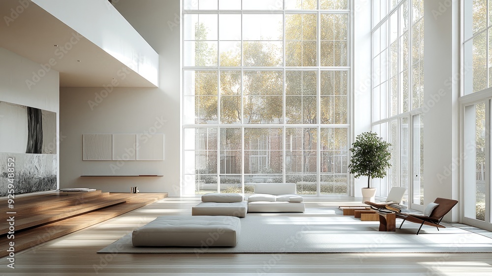 Modern Minimalist Living Room with Floor-to-Ceiling Windows and Abundant Natural Light Modern Minimalist Living Room with Floor-to-Ceiling Windows and Abundant Natural Light