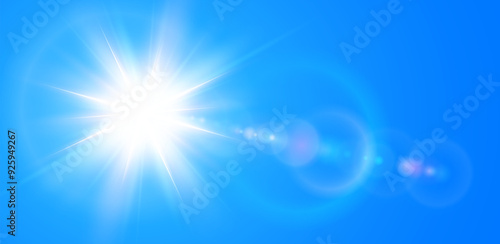 Sunny background, sun with lens flare on blue sky, hot weather concept, summer background illustration.