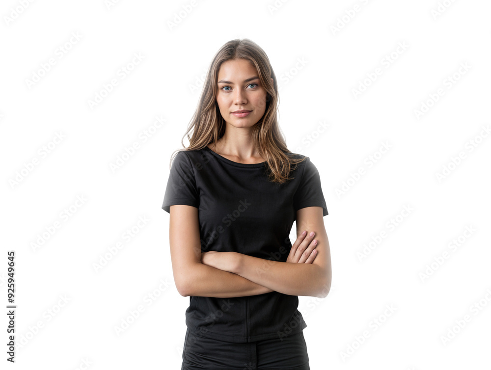 Confident Young Woman in Black T-Shirt with Crossed Arms, Generated AI Confident Young Woman in Black T-Shirt with Crossed Arms, Generated AI