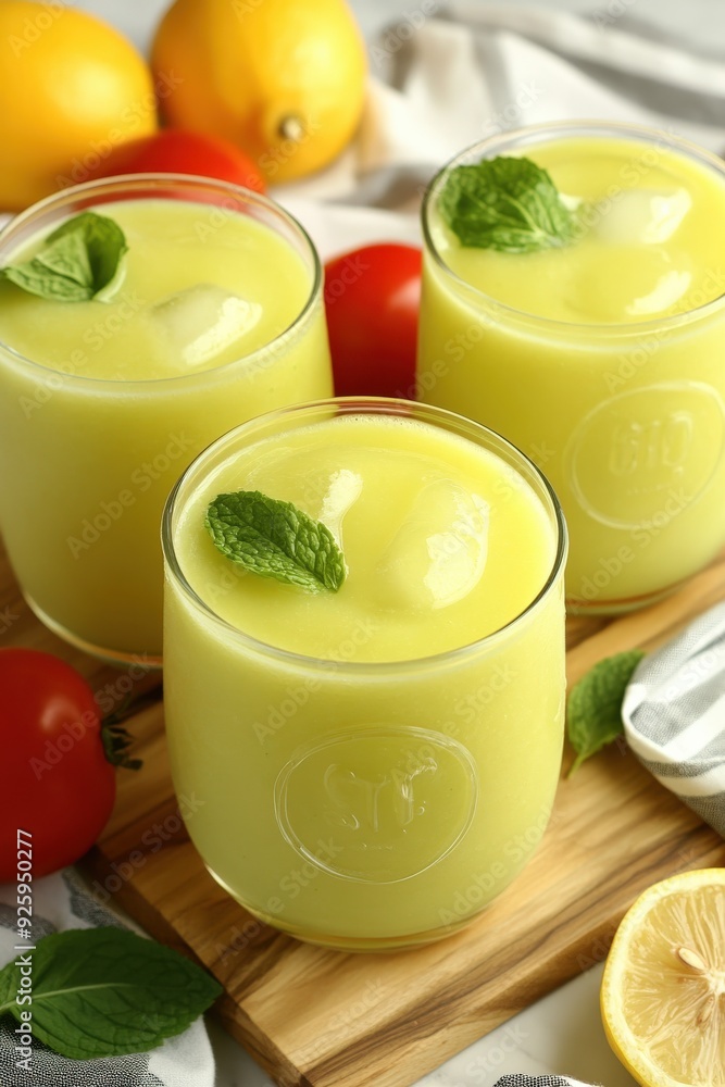 Refreshing green mint lemonade with ice in summer glasses Refreshing green mint lemonade with ice in summer glasses