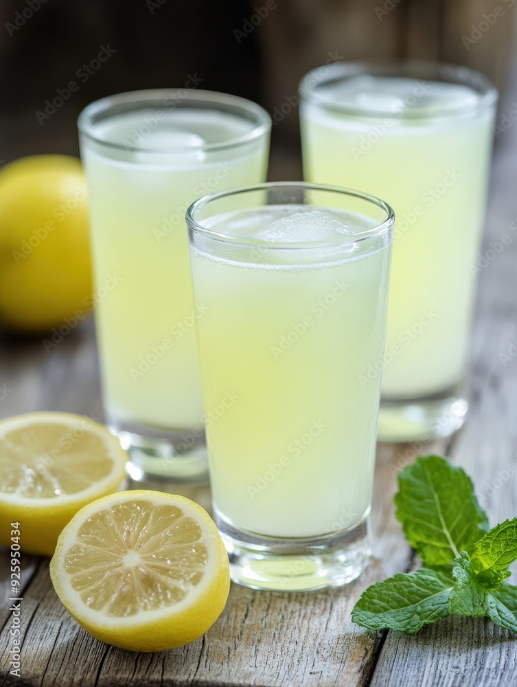 Refreshing green mint lemonade served in glasses with ice Refreshing green mint lemonade served in glasses with ice