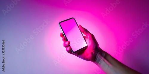 A Male hand holding smartphone with blank screen on vibrant neon color background AI generate