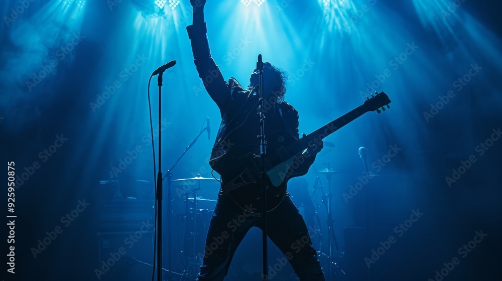 © liliyabatyrova - A musician passionately strums the guitar, illuminated by vibrant stage lights, creating an electric atmosphere that captivates the audience © liliyabatyrova - A musician passionately strums the guitar, illuminated by vibrant stage lights, creating an electric atmosphere that captivates the audience