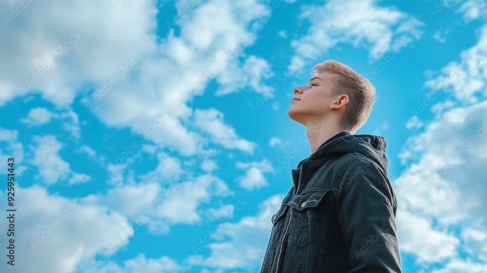 High school boy gazing up at a bright sky on a sunny day High school boy gazing up at a bright sky on a sunny day