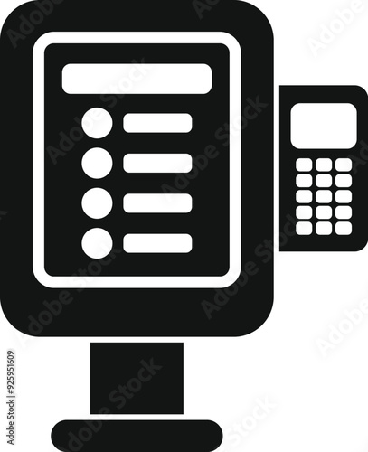 Black glyph icon for self ordering kiosk showing digital menu for fast food restaurant